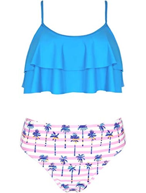 SHEKINI Girls Floral Printing Bathing Suits Ruffle Flounce Two Piece Swimsuits