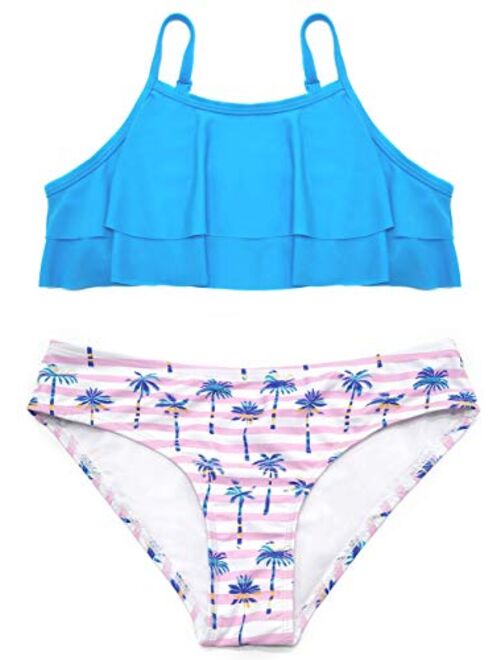 SHEKINI Girls Floral Printing Bathing Suits Ruffle Flounce Two Piece Swimsuits