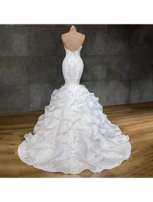 Elliebridal Sleeveless Sweetheart Women's Bridal Ball Gown Mermaid Lace Wedding Dresses with Ruffles Train for Bride
