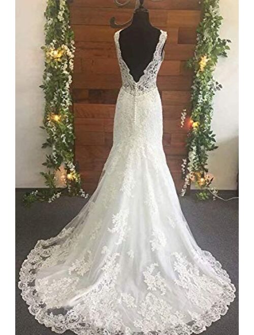 Elliebridal Sexy V Neck Sleeveless Women's Bridal Ball Gown Long Mermaid Wedding Dresses with Train for Bride