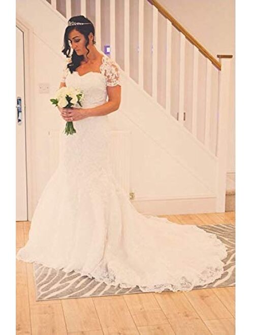 Elliebridal 2 Pieces Women's Bridal Ball Gown Long Mermaid Wedding Dresses with Lace Bolero Train for Bride