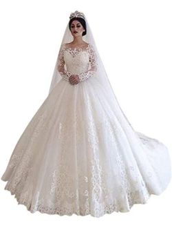 Princess Lace up Corset Women's Bridal Ball Gown Long Sleeves A-line Wedding Dresses with Train for Bride