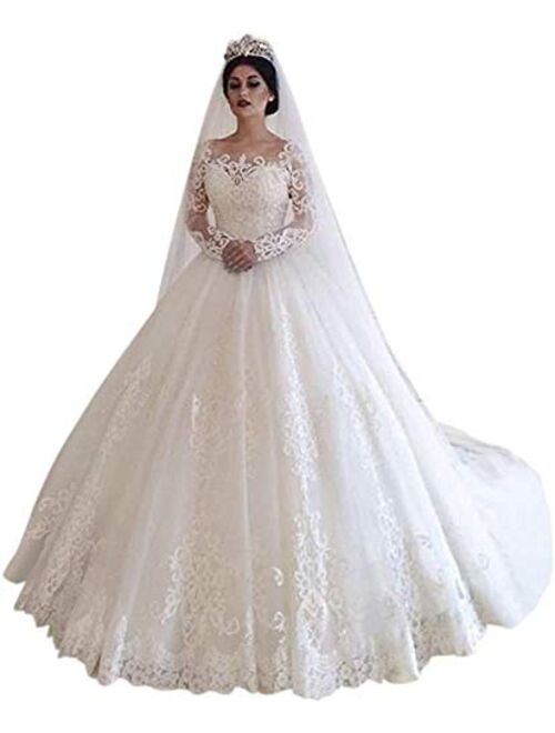 Elliebridal Princess Lace up Corset Women's Bridal Ball Gown Long Sleeves A-line Wedding Dresses with Train for Bride