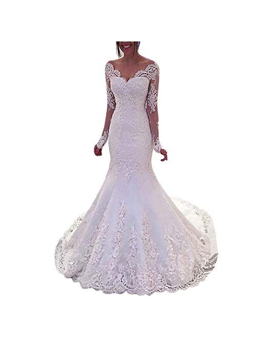 Elliebridal Casual Satin Women's Bridal Ball Gown V Neck Long Sleeves Mermaid Wedding Dresses with Train for Bride