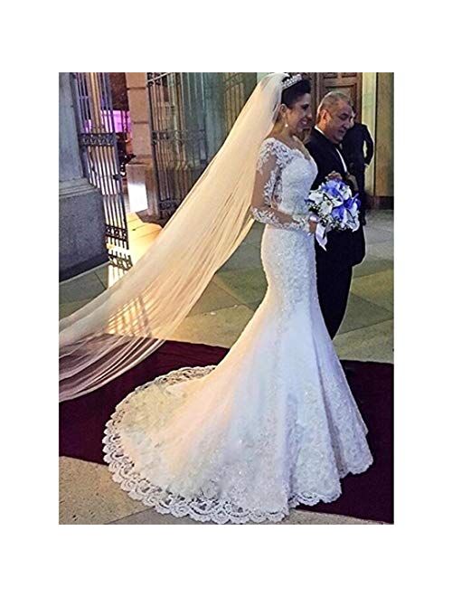 Elliebridal Casual Satin Women's Bridal Ball Gown V Neck Long Sleeves Mermaid Wedding Dresses with Train for Bride