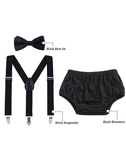 AWAYTR Baby Boys Cake Smash Outfit - First Birthday Party Suspenders Bow Tie Bloomers Set