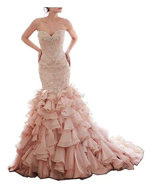 Elliebridal Crystal Women's Bridal Prom Formal Party Evening Ball Gown Mermaid Wedding Dresses with Tulle Train for Bride
