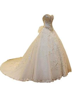 Luxury Beads Crystal Women's Bridal Ball Gown Long Sweetheart Wedding Dresses with Train for Bride