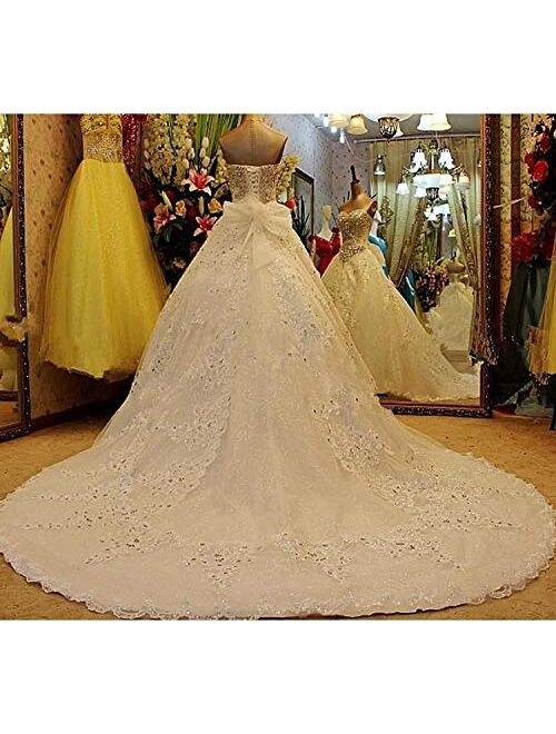 Elliebridal Luxury Beads Crystal Women's Bridal Ball Gown Long Sweetheart Wedding Dresses with Train for Bride