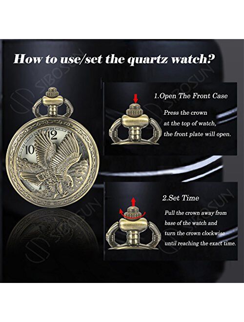 SIBOSUN Pocket Watch Chain Quartz Movement Arabic Numerals Half Hunter Smooth Back Case Bronze Vintage Box for Eagle Scout