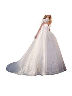 Two Pieces Women's Bridal Ball Gown Long Tulle Lace Wedding Dresses with Capes Long Train for Bride