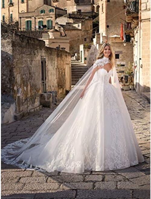 Elliebridal Two Pieces Women's Bridal Ball Gown Long Tulle Lace Wedding Dresses with Capes Long Train for Bride
