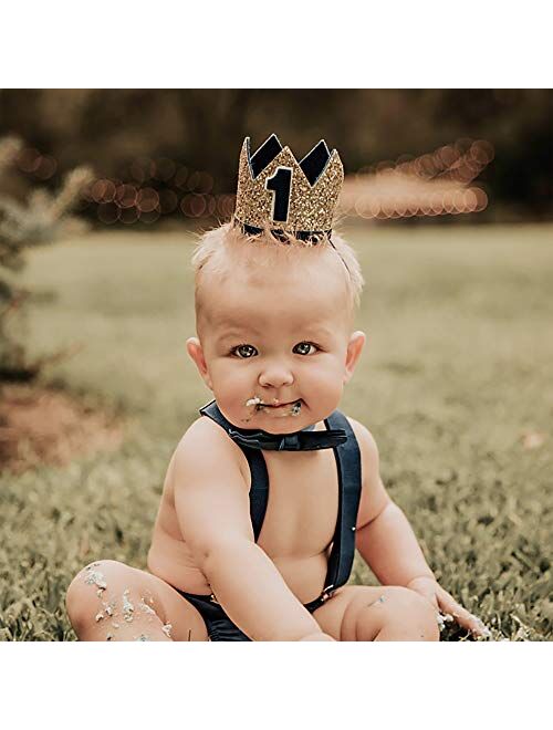 WELROG Baby Boys First Birthday Cake Smash Outfit Bow Tie Suspenders Bloomers Birthday Hat Sparkle Gold Set
