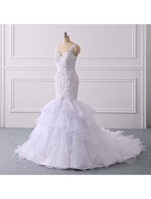 Solandia Plus Size Lace Beaded Corset Bridal Gown Ruffles Train Mermaid Wedding Dresses for Bride Long