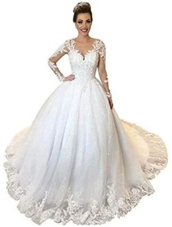 Women's Long Sleeves Lace up Corset Bridal Gowns Train Sequins Wedding Dresses for Bride Plus Size