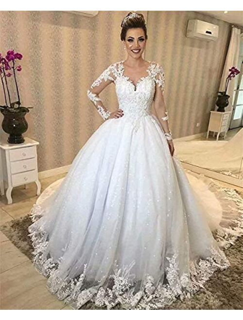 Solandia Women's Long Sleeves Lace up Corset Bridal Gowns Train Sequins Wedding Dresses for Bride Plus Size