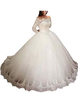 Plus Size Lace Paillette Corset Bridal Gown Train Off Shoulder Long Sleeve Wedding Dresses for Bride