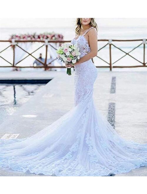 Solandia Women's Spaghetti Strap Bridal Ball Gowns Train Long Lace Mermaid Wedding Dresses for Bride 2021