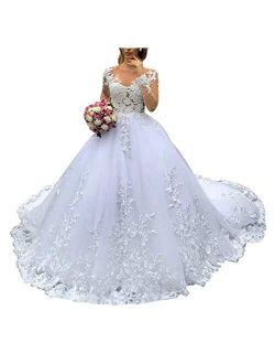 Women's Illusion Long Sleeve Bridal Gown Plus Size Train Lace Sequins Wedding Dresses for Bride