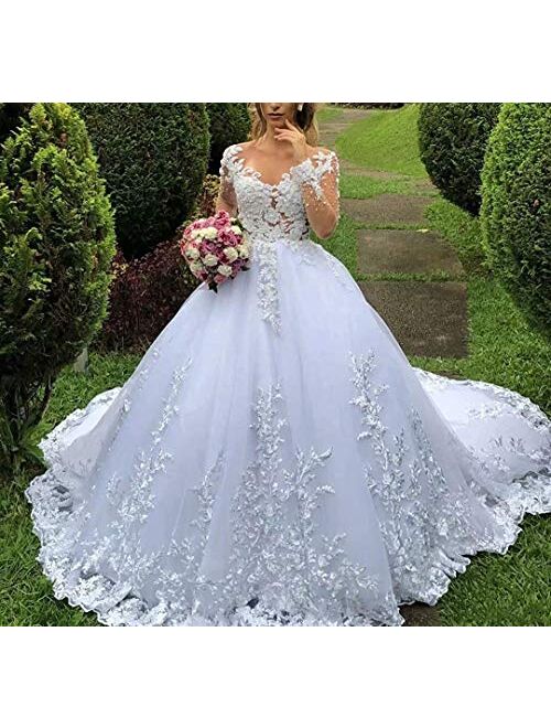Solandia Women's Illusion Long Sleeve Bridal Gown Plus Size Train Lace Sequins Wedding Dresses for Bride