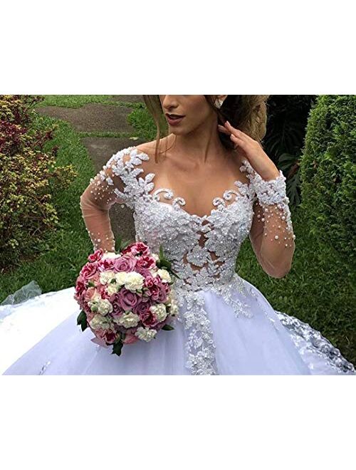 Solandia Women's Illusion Long Sleeve Bridal Gown Plus Size Train Lace Sequins Wedding Dresses for Bride