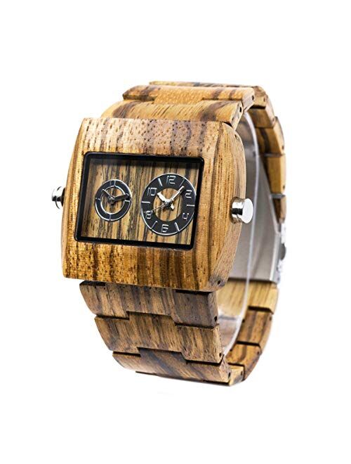 Square Dial Wooden Watches for Men Bewell W021C Dual Time Display Wood Watches (Zebra Wood)