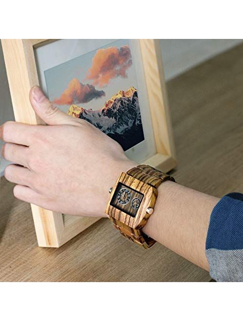 Square Dial Wooden Watches for Men Bewell W021C Dual Time Display Wood Watches (Zebra Wood)