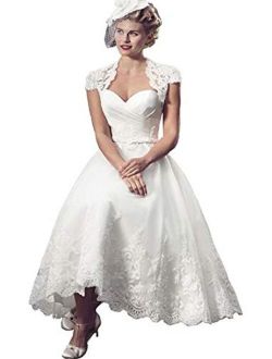 Yuxin Lace Vintage Sweetheart Appliques Tea Length Wedding Dress 2021 Short Cap Sleeves A line Bridal Gown