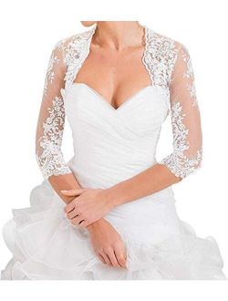 Melisa Women's Lace Wedding Jacket for Wedding Dress Scoop Neck Bridal Bolero Shrug with 3/4 Sleeves Appliques