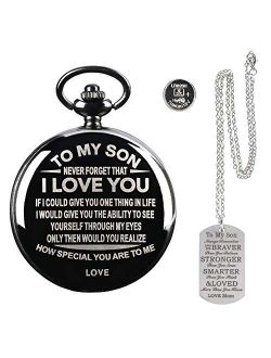 Personalized Engraved to My Son Pocket Watch with Chain+Dog Tag from Mom/Dad,Retro Quartz Digital Fob Watches for Men,Birthday Graduation Christmas Anniversary Wedding Gi