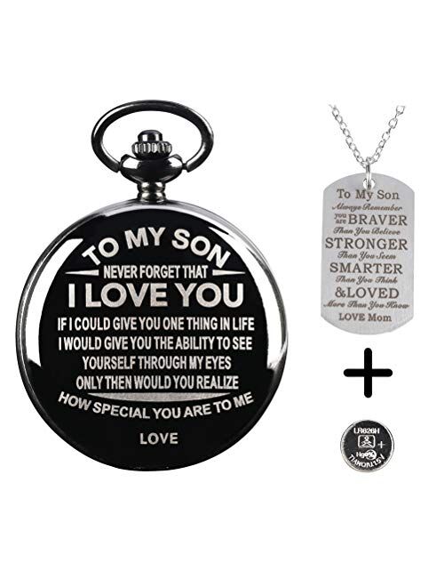 Personalized Engraved to My Son Pocket Watch with Chain+Dog Tag from Mom/Dad,Retro Quartz Digital Fob Watches for Men,Birthday Graduation Christmas Anniversary Wedding Gi