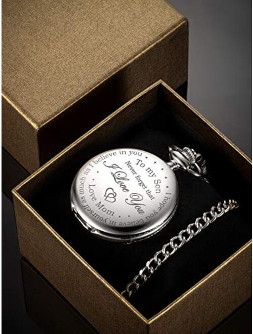 Hicarer Pocket Watch Gift for Son-Never Forget That, I Love You, Love Mom-from Mother to Son Pocket Watch with Chain