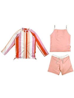 SwimZip Girl 3 Piece Long Sleeve Rash Guard, Tankini & Shorts | Multiple Colors