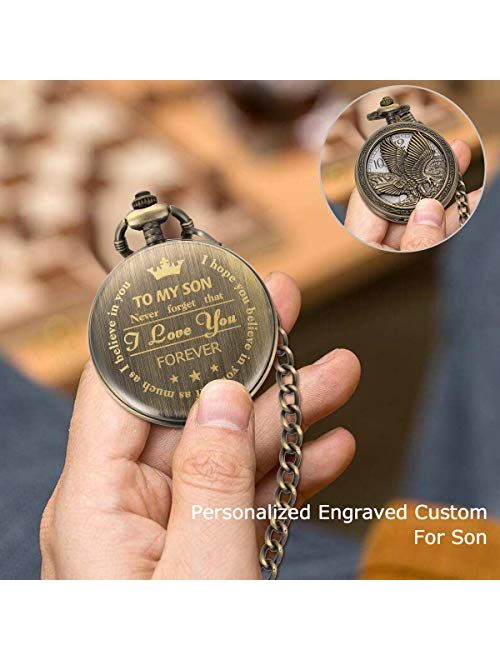 SIBOSUN Personalized Pocket Watch Engraved Back Case Birthday Graduation Men Women to My Son Daughter Eagle Scout Quartz