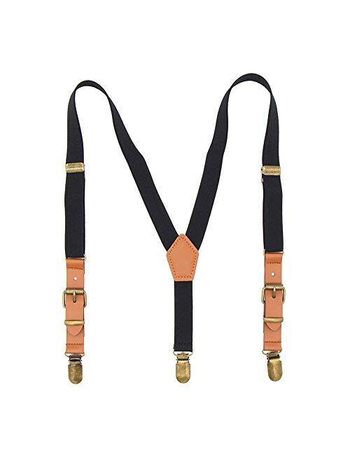 Suspenders for Boys Elastic Kids Pant Suspenders Y Back Tuxedo Braces with Brown Leather and Bronze Clips for Baby Boy