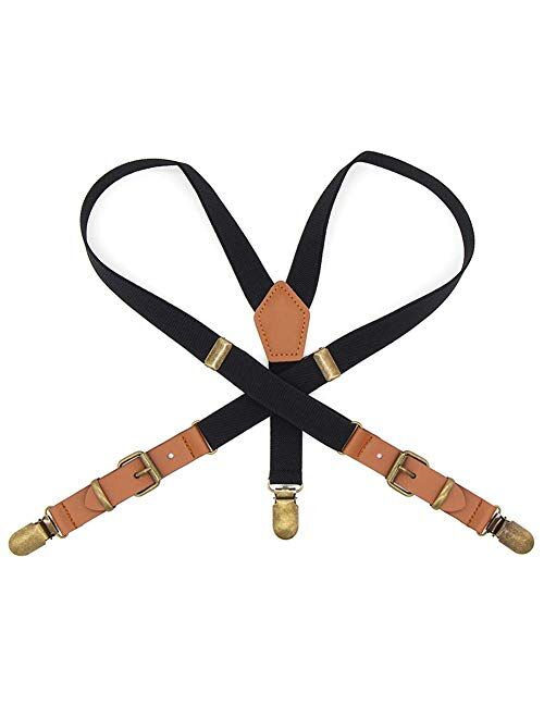 Suspenders for Boys Elastic Kids Pant Suspenders Y Back Tuxedo Braces with Brown Leather and Bronze Clips for Baby Boy