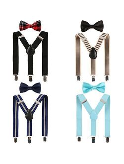 kilofly 4 Sets Boys Pre-tied Adjustable Neck Bow Ties + Elastic Suspenders Pack