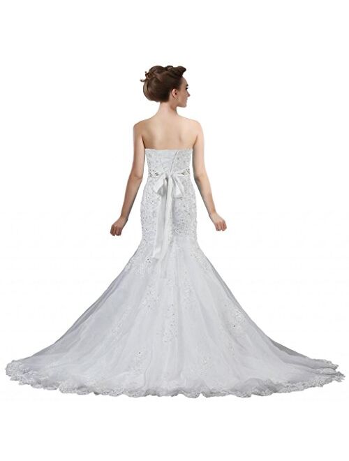 ANTS Women's Sweetheart Lace Mermaid Wedding Dress with Crystal Belt