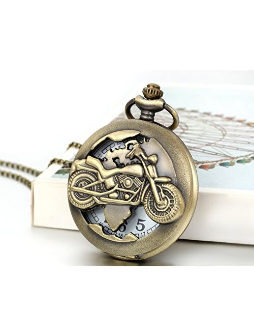 Jewelrywe Bronze Biker Motorcycle Pocket Watch Motorbike Motor Pocket Watch Necklace Pendant for Men Women for Mothers Day
