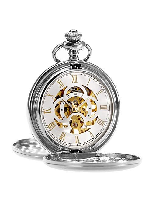 ManChDa Pocket Watch Retro Smooth Classic Mechanical Hand-Wind Pocket Watch Steampunk Roman Numerals Fob Watch for Men Women with Chain + Box