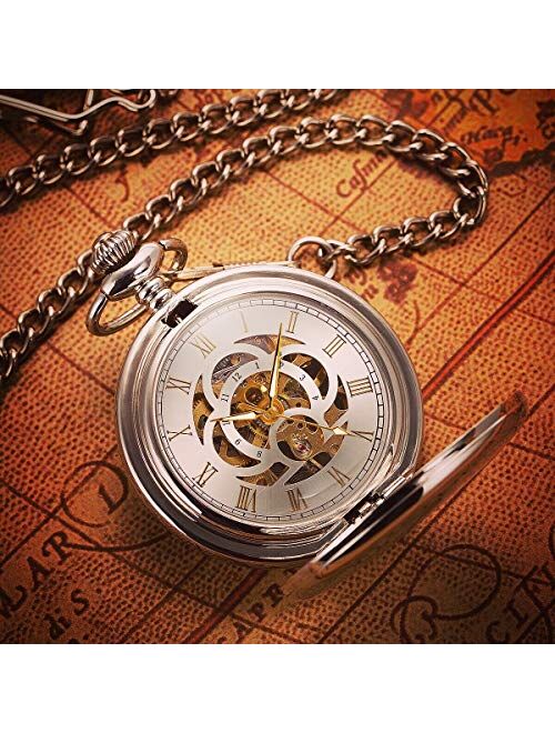 ManChDa Pocket Watch Retro Smooth Classic Mechanical Hand-Wind Pocket Watch Steampunk Roman Numerals Fob Watch for Men Women with Chain + Box