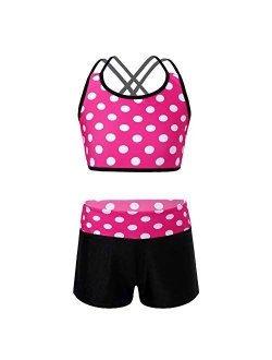 dPois Kids Girls' Polka Dots Strappy Top Bra with Shorts Set for Sports Workout Gymnastics Leotard Dancing