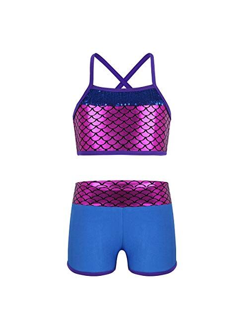 dPois Kids Girls' Polka Dot Strappy Crop Top Sports Bra with Shorts Set for Sports Workout Gymnastics Leotard Dancing 