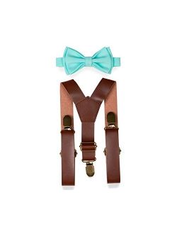 Brown PU Leather Suspenders Bow Tie Combo for Baby Toddler Boy Men