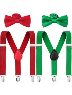 4 Pieces Kids Christmas Suspenders and Bowtie Set, Adjustable Suspender and Bowtie Party Favor Red and Green)