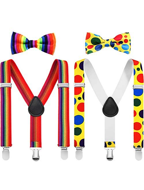 4 Pieces Kids Clown Suspenders Bowtie Set, Rainbow Suspenders Bowtie and Polka Dot Suspenders Bowtie for Halloween Party Favors