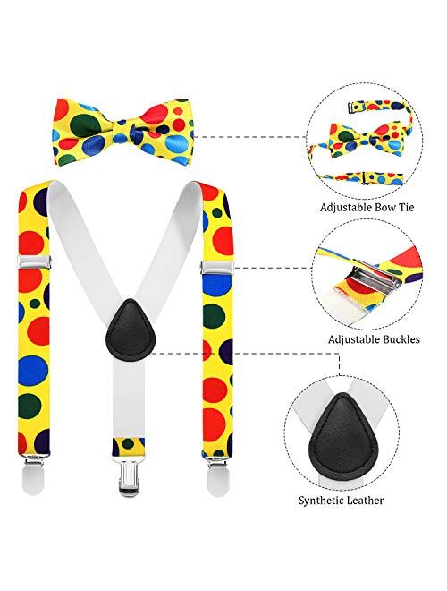 4 Pieces Kids Clown Suspenders Bowtie Set, Rainbow Suspenders Bowtie and Polka Dot Suspenders Bowtie for Halloween Party Favors