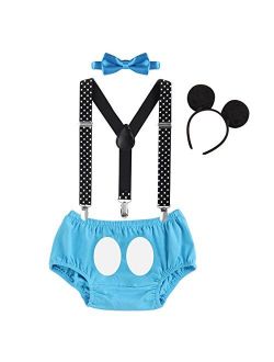 Baby Boys 1st Birthday Cake Smash Outfit Adjustable Y Back Clip Suspenders Bowtie set Bloomers with Mouse Ears Headband