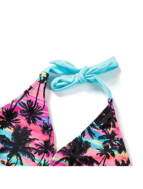 DAYU Girl's Coconut Grove Print Halter Bikini Set Two Piece Swimsuit Size 6-16