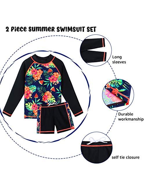 Choomomo Baby Girls Toddler Swimsuits Floral Printed Long Sleeve Zipper Rash Guard UPF 50 Sun Protection